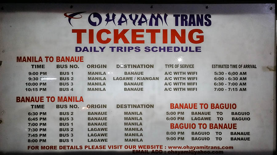 Tabla de horarios de autobús entre Manila y Banaue