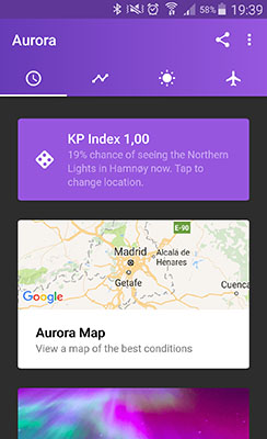 aplicación móvil previsión de auroras boreales