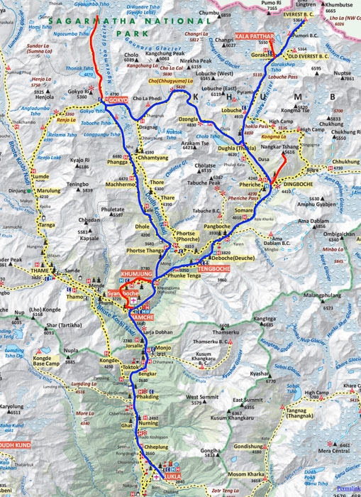 Mapa campo base del Everest y Gokyo